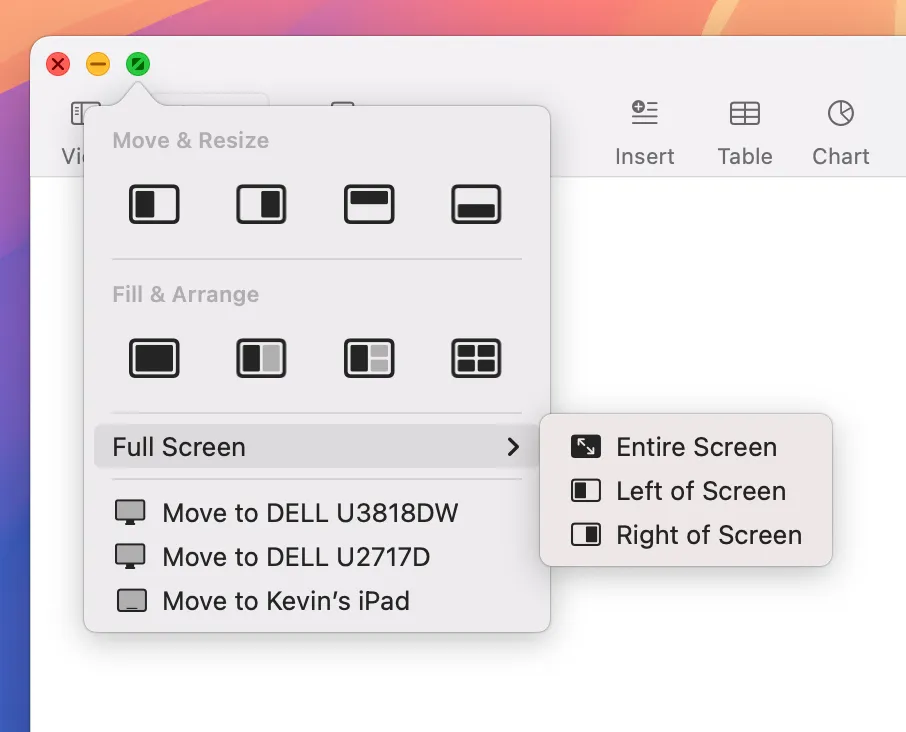 Various window options tucked away behind the green traffic light button