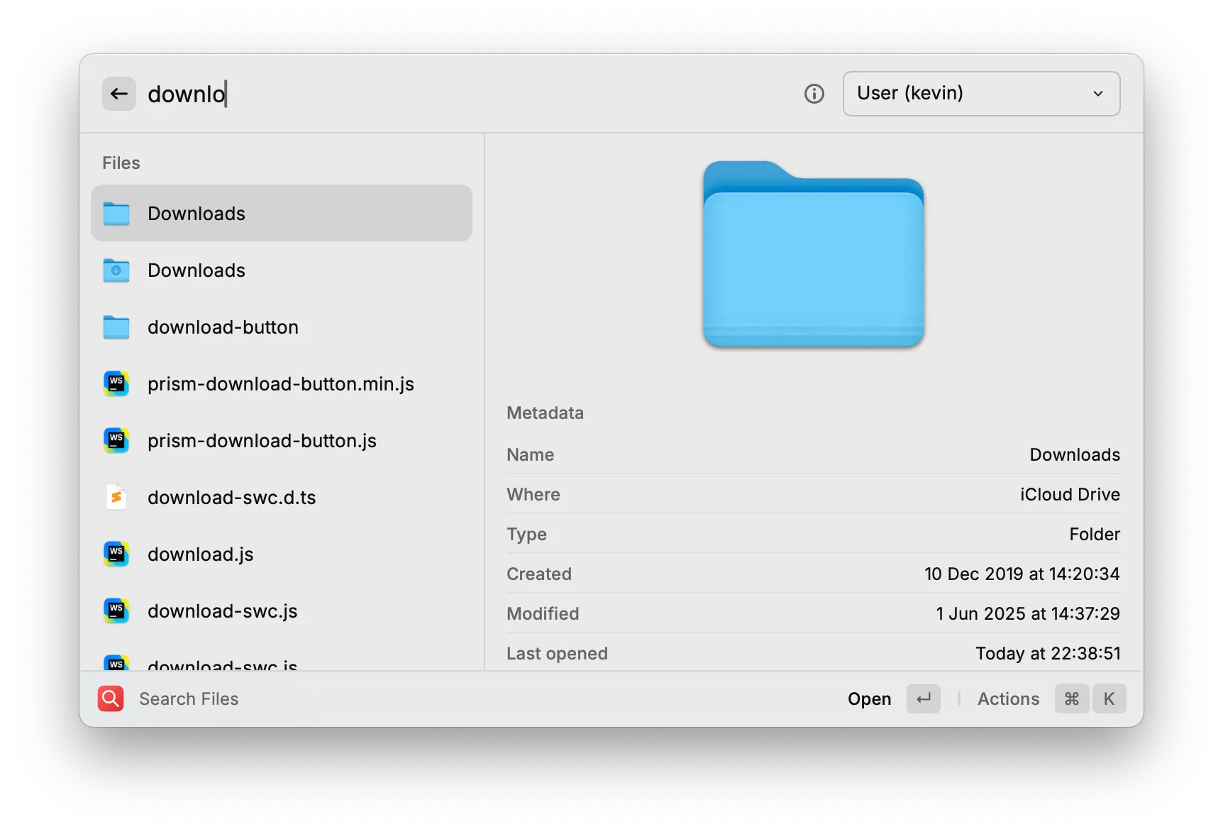 Raycast search for "downlo"