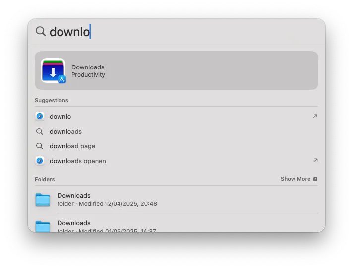 Spotlight search for "downlo"